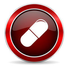 drugs red circle glossy web icon, round button with metallic border