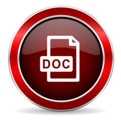 doc file red circle glossy web icon, round button with metallic border