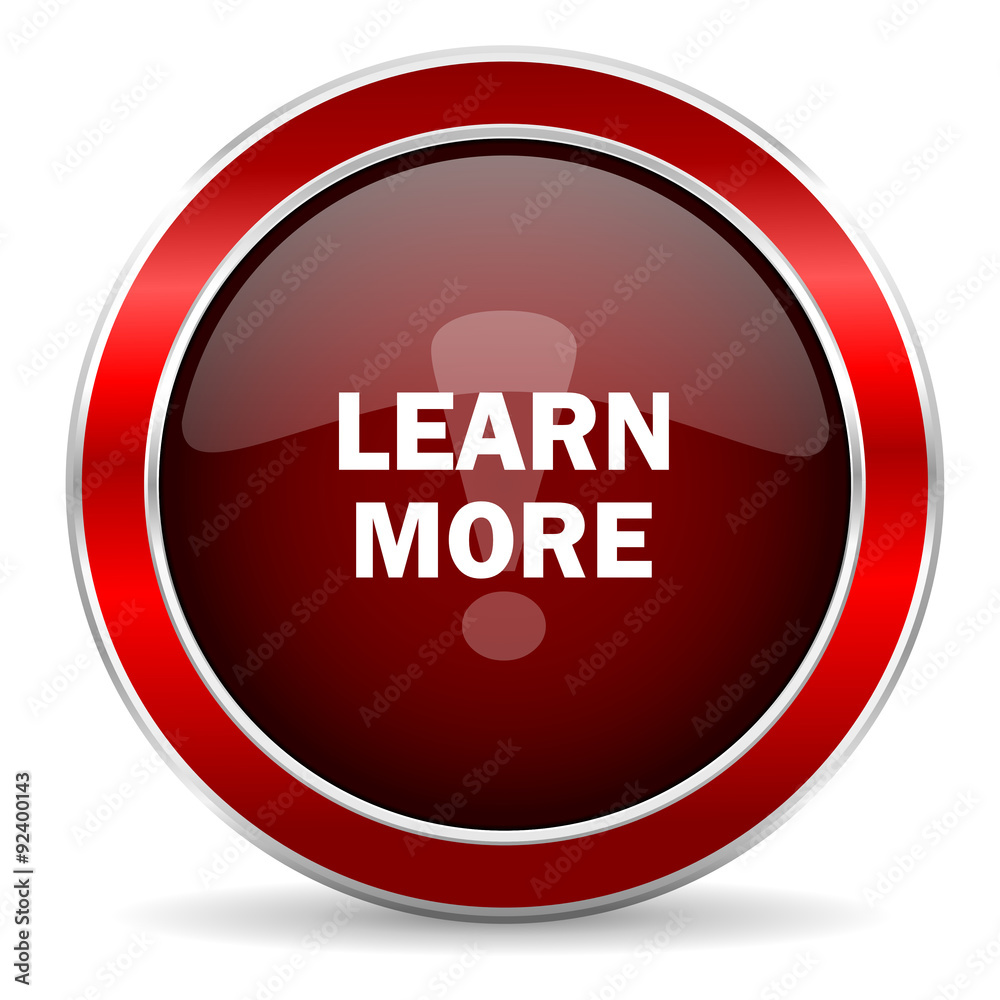 Poster learn more red circle glossy web icon, round button with metallic border