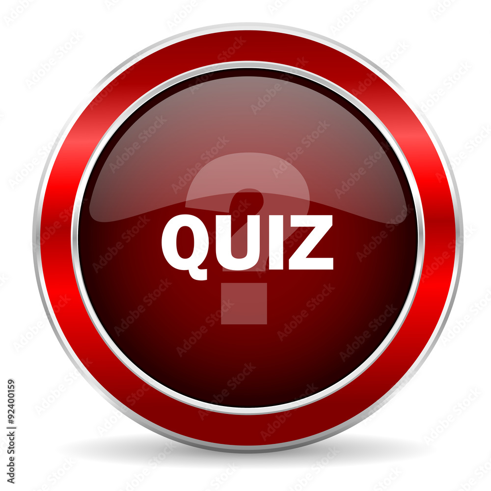 Poster quiz red circle glossy web icon, round button with metallic border