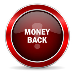 money back red circle glossy web icon, round button with metallic border
