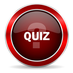 quiz red circle glossy web icon, round button with metallic border