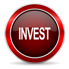 nvest red circle glossy web icon, round button with metallic border