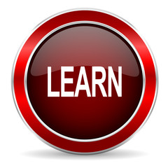 learn red circle glossy web icon, round button with metallic border