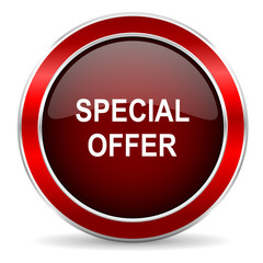 special offer red circle glossy web icon, round button with metallic border