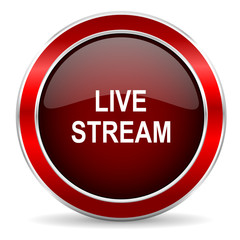 live stream red circle glossy web icon, round button with metallic border