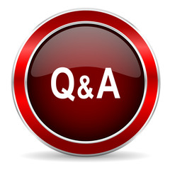 question answer red circle glossy web icon, round button with metallic border