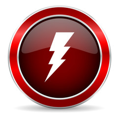 bolt red circle glossy web icon, round button with metallic border