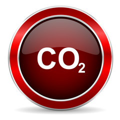 carbon dioxide red circle glossy web icon, round button with metallic border