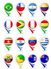 Map pointers with flags. South America all countries