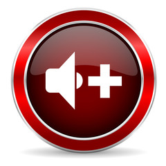 speaker volume red circle glossy web icon, round button with metallic border