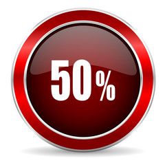50 percent red circle glossy web icon, round button with metallic border