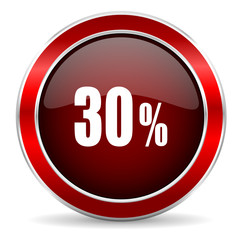 30 percent red circle glossy web icon, round button with metallic border