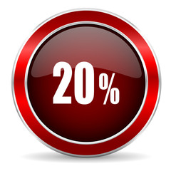 20 percent red circle glossy web icon, round button with metallic border