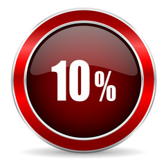 10 percent red circle glossy web icon, round button with metallic border