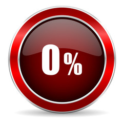 0 percent red circle glossy web icon, round button with metallic border