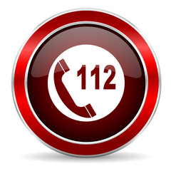 emergency call red circle glossy web icon, round button with metallic border