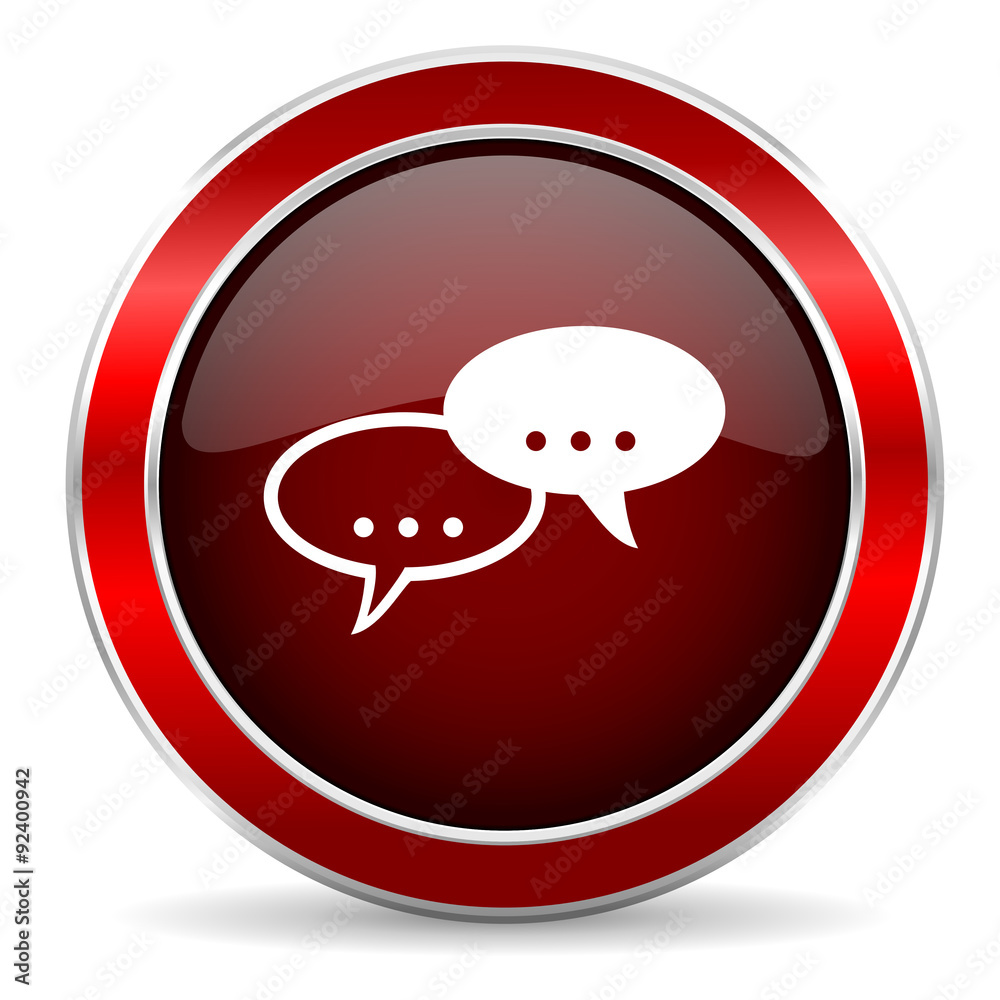 Poster forum red circle glossy web icon, round button with metallic border