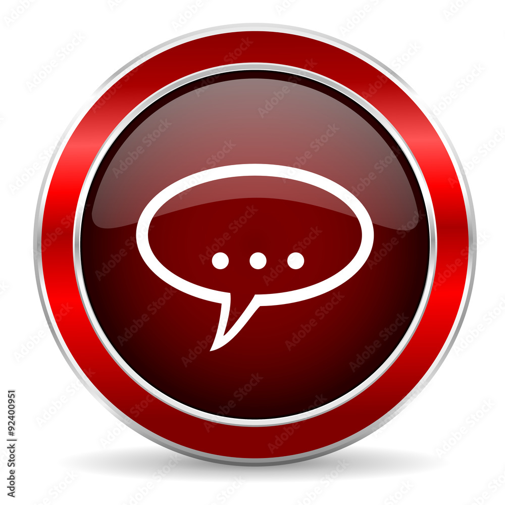 Poster forum red circle glossy web icon, round button with metallic border