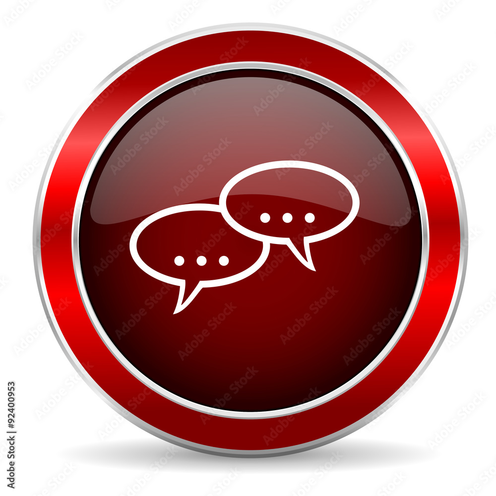 Poster forum red circle glossy web icon, round button with metallic border