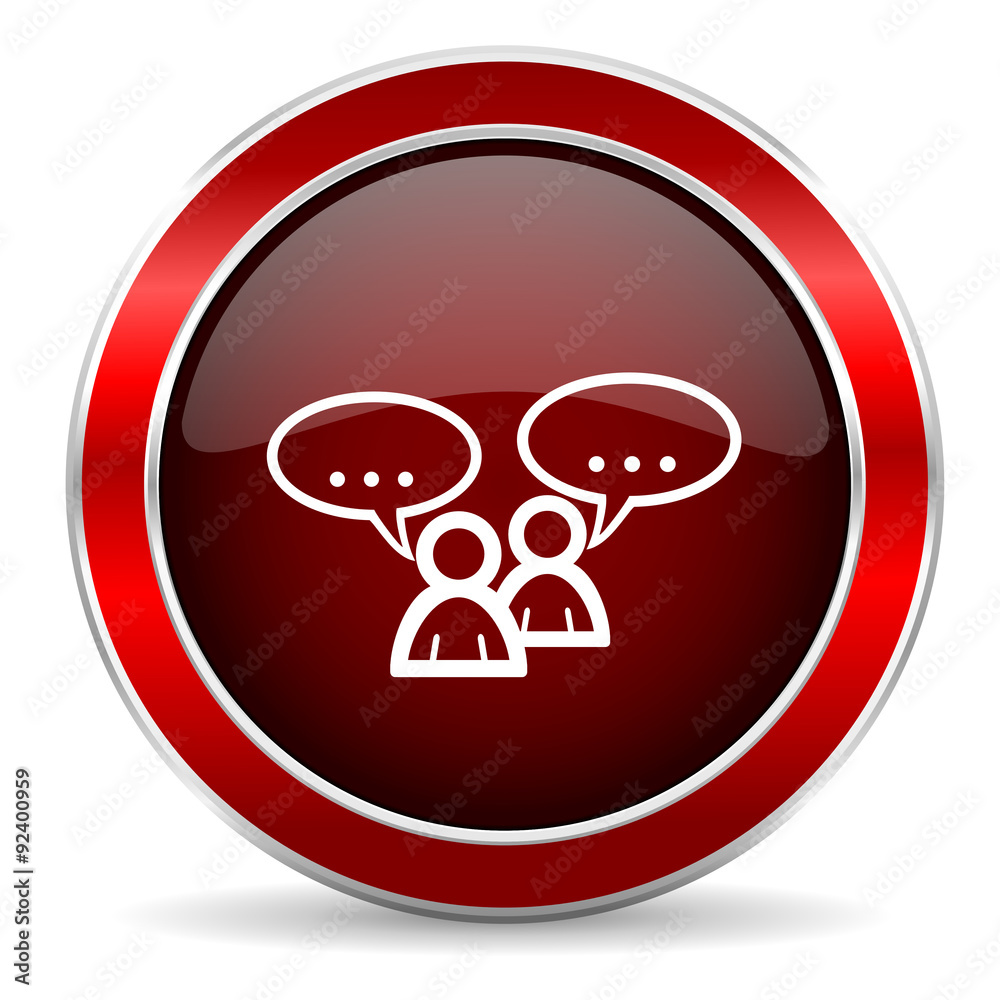 Poster forum red circle glossy web icon, round button with metallic border