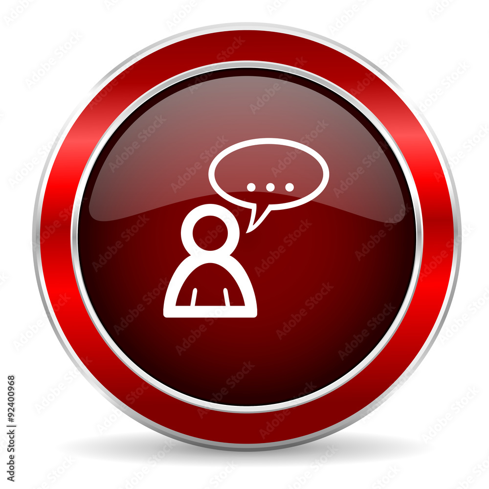 Poster forum red circle glossy web icon, round button with metallic border