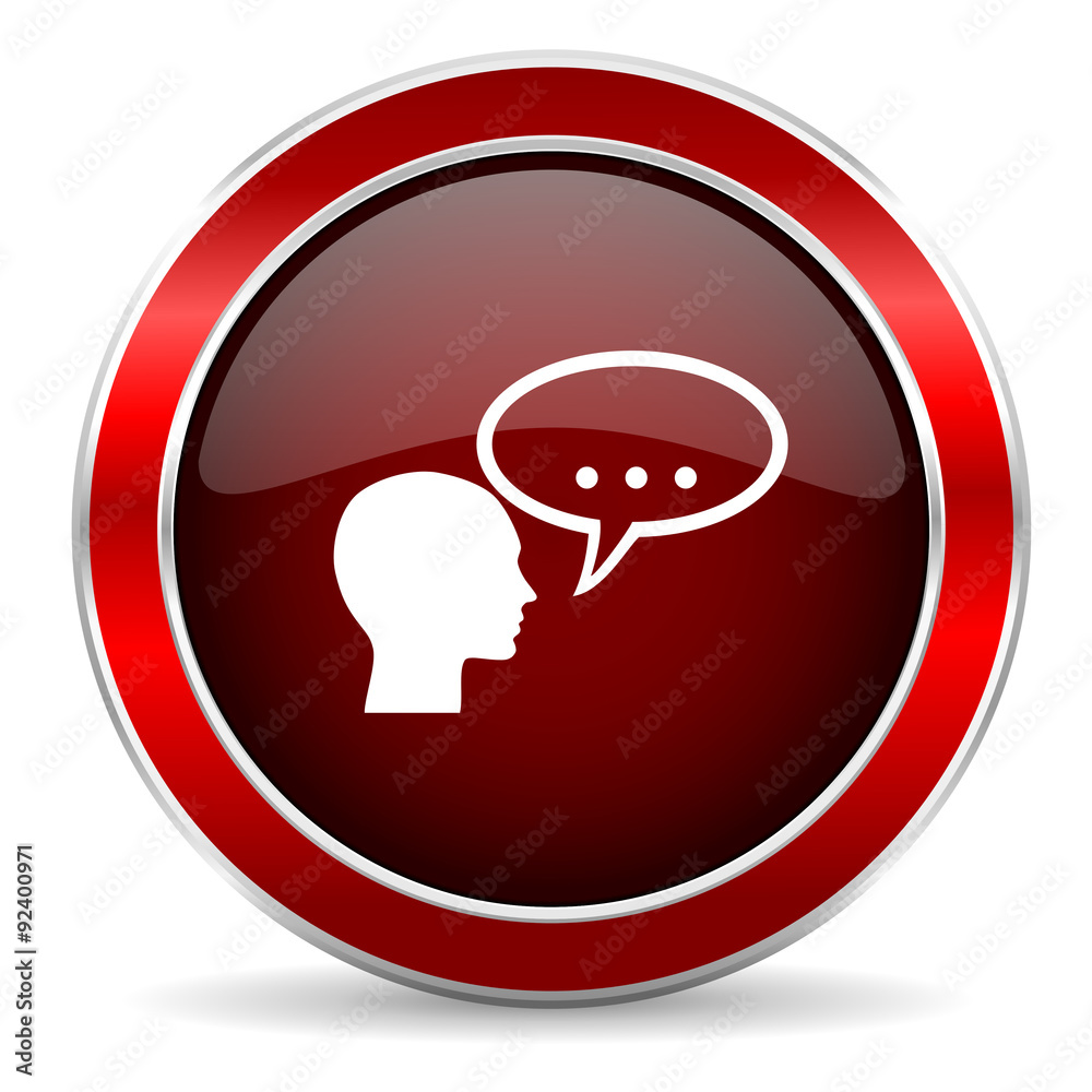 Poster forum red circle glossy web icon, round button with metallic border