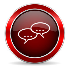 forum red circle glossy web icon, round button with metallic border