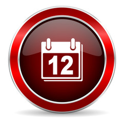 calendar red circle glossy web icon, round button with metallic border