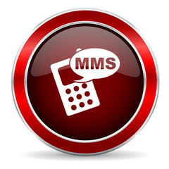 mms red circle glossy web icon, round button with metallic border