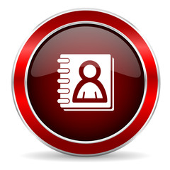 address book red circle glossy web icon, round button with metallic border