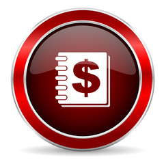 money red circle glossy web icon, round button with metallic border