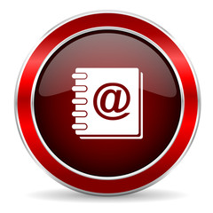 address book red circle glossy web icon, round button with metallic border
