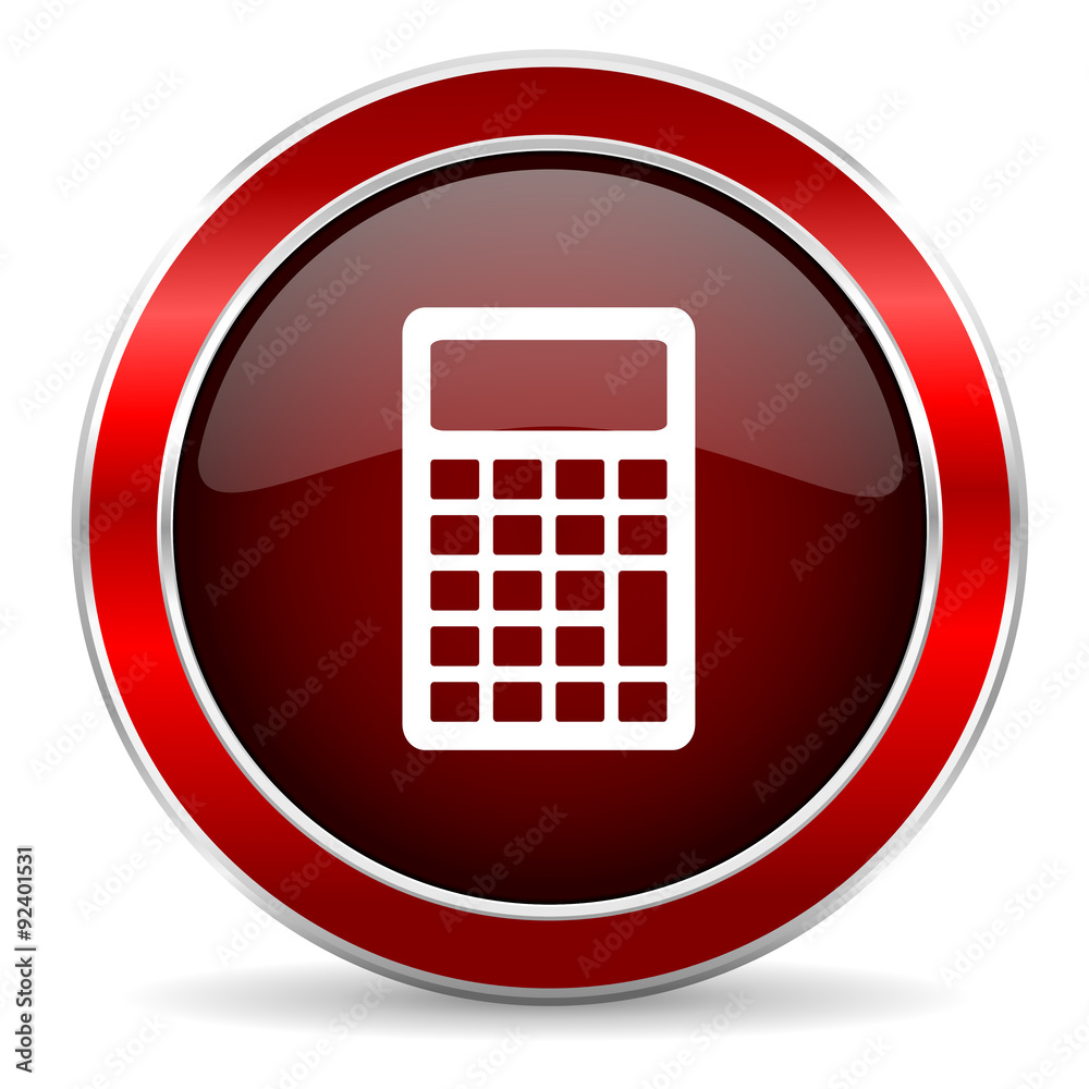 Aufkleber calculator red circle glossy web icon, round button with metallic border