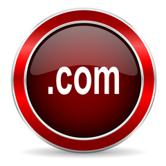 com red circle glossy web icon, round button with metallic border