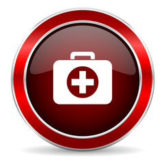 first aid red circle glossy web icon, round button with metallic border