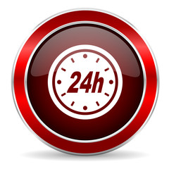 24h red circle glossy web icon, round button with metallic border