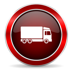delivery red circle glossy web icon, round button with metallic border