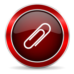 paperclip red circle glossy web icon, round button with metallic border
