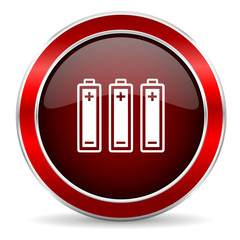 battery red circle glossy web icon, round button with metallic border