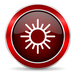 sun red circle glossy web icon, round button with metallic border