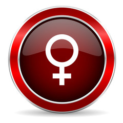 female red circle glossy web icon, round button with metallic border