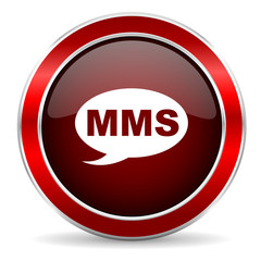 mms red circle glossy web icon, round button with metallic border