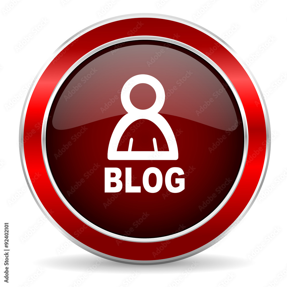 Poster blog red circle glossy web icon, round button with metallic border