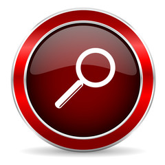 search red circle glossy web icon, round button with metallic border