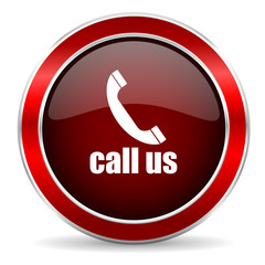 call us red circle glossy web icon, round button with metallic border