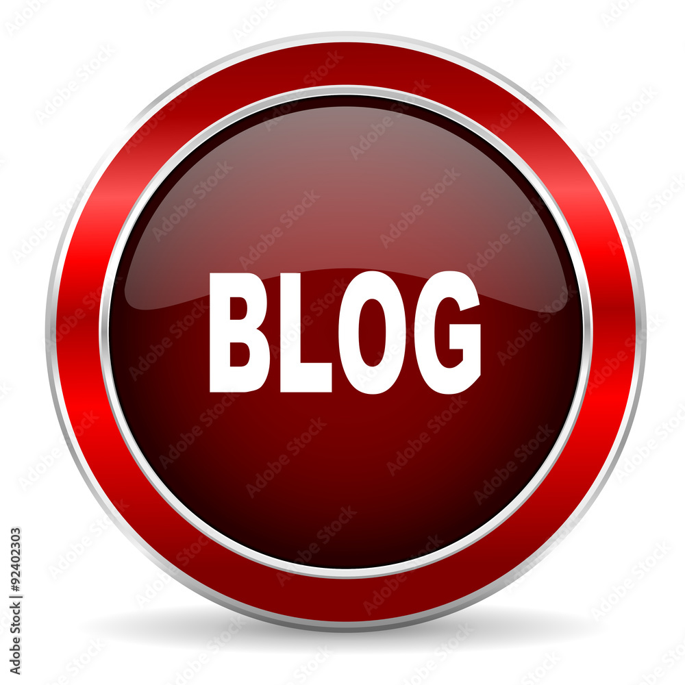 Poster blog red circle glossy web icon, round button with metallic border