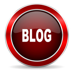 blog red circle glossy web icon, round button with metallic border