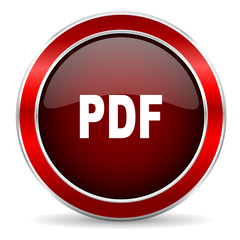 pdf red circle glossy web icon, round button with metallic border