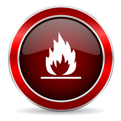 flame red circle glossy web icon, round button with metallic border